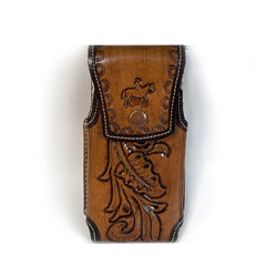 Porta celular de cuero cincelado a mano